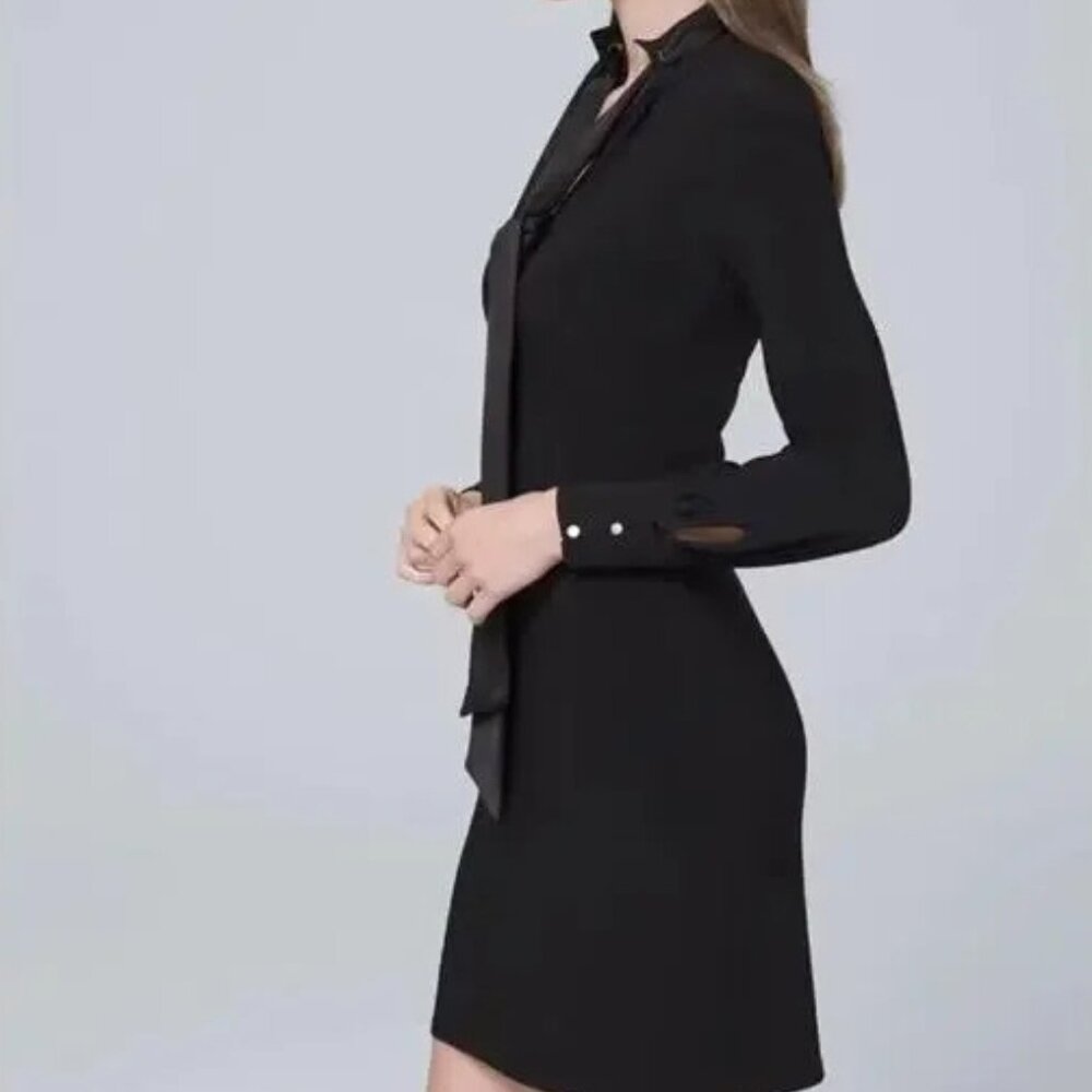 White House Black Market WHBM Tie Neck Shift Dress Black Long Sleeve XXS NWT - Picture 2 of 7